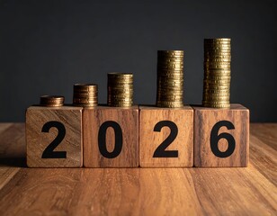 Numeric blocks show year; coins atop grow, symbolizing financial progress