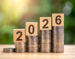 Stacks of coins supporting wooden blocks spelling out the year 2026