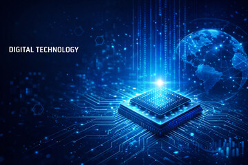 Futuristic Digital Technology Cube with Glowing Data Network and AI Concept Background