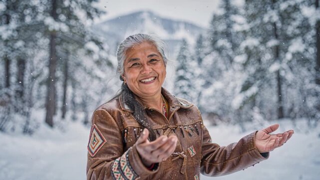 Jubilant indigenous woman smiling snowy forest wearing embroidered leather jacket enjoying falling snow with pine forest and distant mountain
