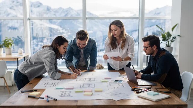 Small team collaboration planning architectural layout color swatch laptop bright mountain office young architects planning interior layout sketches