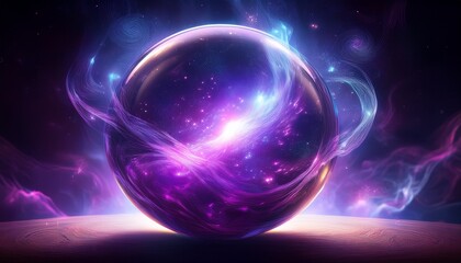 Obraz premium a glowing crystal ball with a purple cosmic nebula inside surrounded by swirling mist