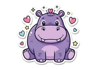 Fototapeta premium Cute Hippo Sticker with Hearts and Stars Illustration.