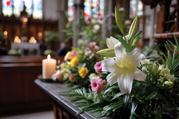 A close-up of exquisite flowers in church decoration, emphasizing elegance and detail, creating a beautiful and serene ambiance for spiritual occasions.