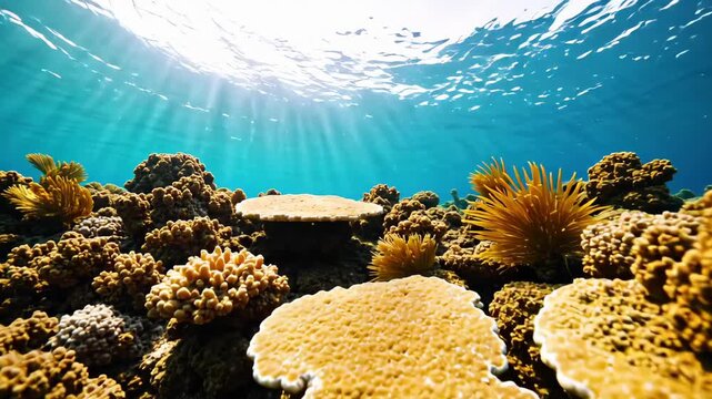Slow-moving shot of a vibrant coral reef in shallow tropical water, sunlight piercing the surface creating shifting beams that illuminate colorful sponges