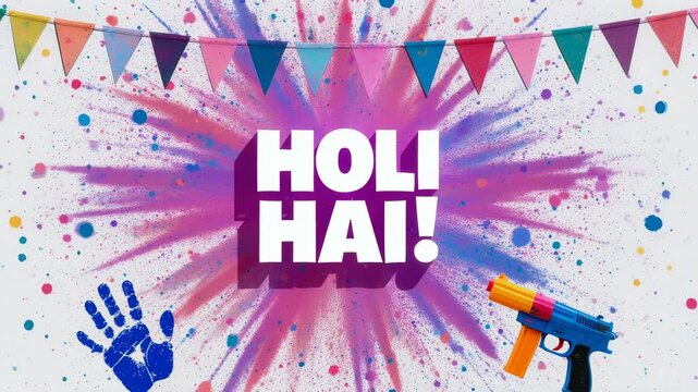 Vibrant Holi celebration scene with colorful powder splashes, banners, a water gun, and a painted blue handprint ,Holi,Festival of Colors,4th March