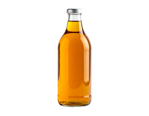 Glass bottle filled with golden liquid against a white background.