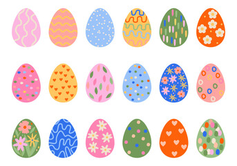 Set of decorative Easter eggs with patterns. Spring holiday, festive celebration and Easter design concept