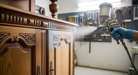 Hand refinishing antique wooden cabinet with spray gun
