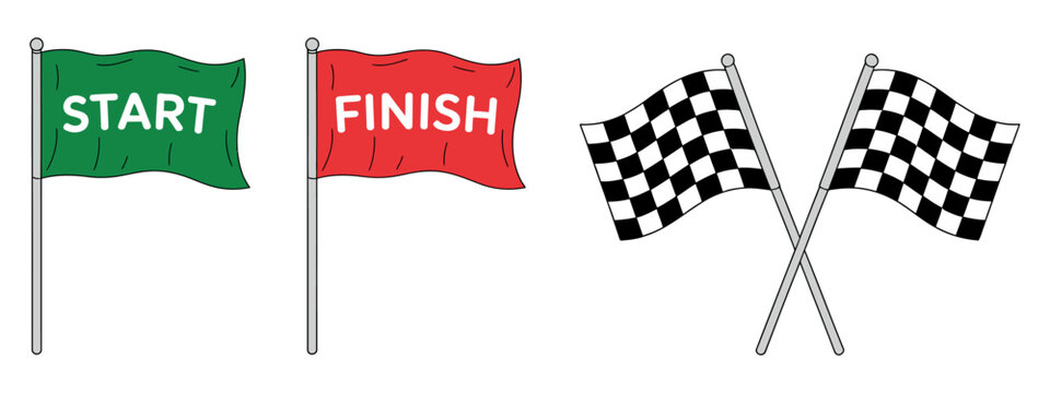 flag start and finish with chess pattern, racing competition banners in flat style, sport event streamer icons, professional graphics for race tracks.