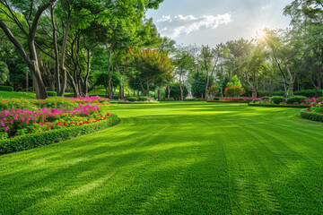 gardening design of green manicured lawn, green backyard with colorful blooming flower beds landscape.