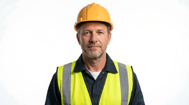 Professional male worker in hard hat and high-visibility vest, looking at camera on white background