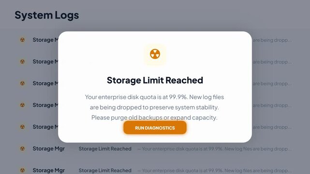 Modern System Logs Storage Limit Reached Notification, Corporate Cloud Data Capacity Alert UI, Enterprise Disk Quota Warning Video