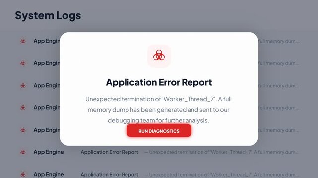 Application Error Report Interface Animation, Digital System Crash Warning Screen, Critical Process Failure UI