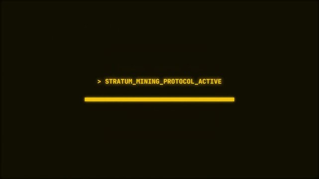 STRATUM MINING PROTOCOL ACTIVE status displayed on a dark background with a yellow underline