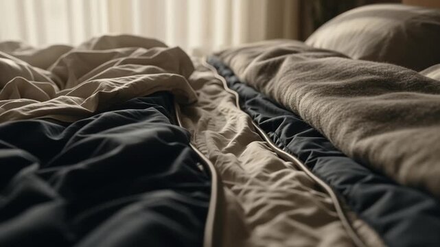 A messy bed with rumpled sheets and pillows in a dimly lit room with natural light from a window