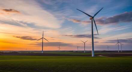 Modern wind turbines generating renewable energy at golden hour over expansive green field, serene twilight sky with soft clouds, sustainable eco-friendly power station landscape, clean energy