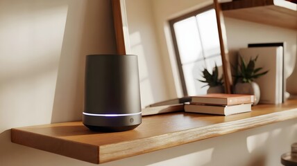 Fototapeta premium Smart speaker with glowing LED ring – Great for voice command technology, futuristic home decor, or digital assistant ads.