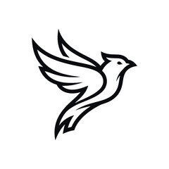 Majestic Flying Bird Logo Illustration, Minimalist Phoenix or Eagle Mascot with Sharp Outlines, Modern Black and White Avian Symbol for Sports and Branding Isolated on White Background