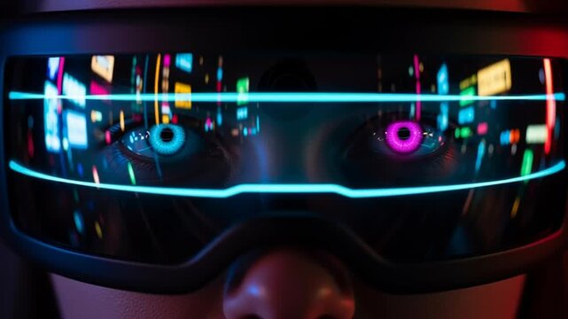 A person wearing futuristic virtual reality goggles with neon lights in a dark room for a video gaming experience