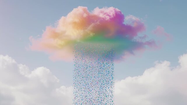 Colorful cloud with rainbow hues releases a gentle cascade of tiny rain-like droplets into a serene blue sky with scattered clouds ,Holi,Festival of Colors,4th March
