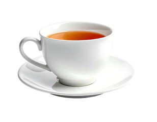 Fototapeta premium Elegant white teacup and saucer filled with hot tea on white background.