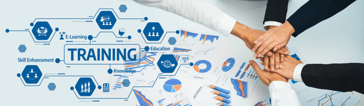 This image captures the essence of teamwork and training, showcasing hands coming together against a backdrop of educational graphics and data analysis elements. Amity