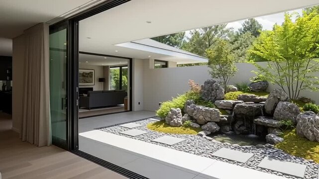 A serene indoor garden with large rocks and trees viewed from a modern living room with sliding glass doors and a minimalist interior design
