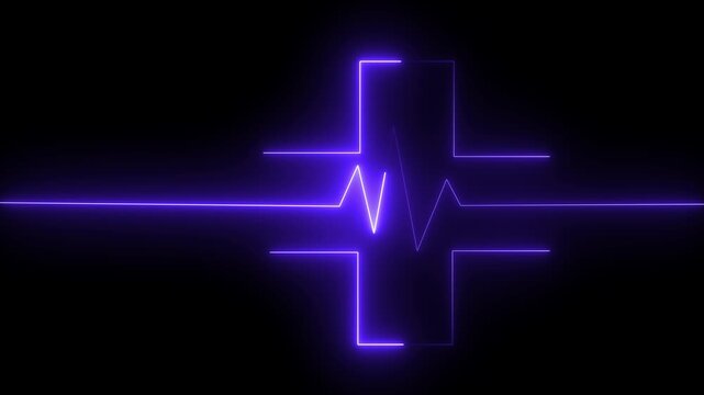 Abstract glowing neon heartbeat signal icon animation medical concept. blue neon cross with heartbeat line on dark background, symbolizing dedication in medical care and commitment to patient health.