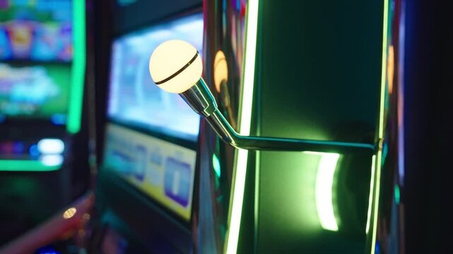 Close up of a hand pulling slot machine lever in neon lit casino. Colorful lights reflect on metal surface creating dramatic gambling atmosphere.