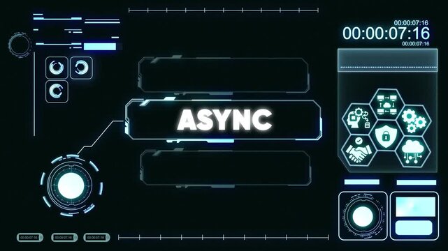 Asynchronous Technology Interface with Glowing Blue Neon on Dark Background for Futuristic Business and Software Concepts