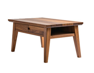 Wooden coffee table with drawer and open shelf isolated on white background.