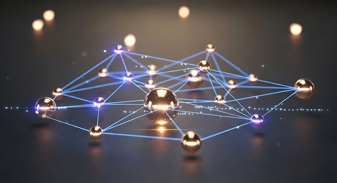 Futuristic network visualization with glowing nodes and interconnected lines on dark background, representing modern data communication and technology