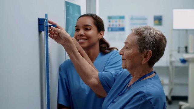 Young African American nurse measuring height of elderly woman in a clinic. Professional medical healthcare checkup concept footage for hospital and geriatric care.