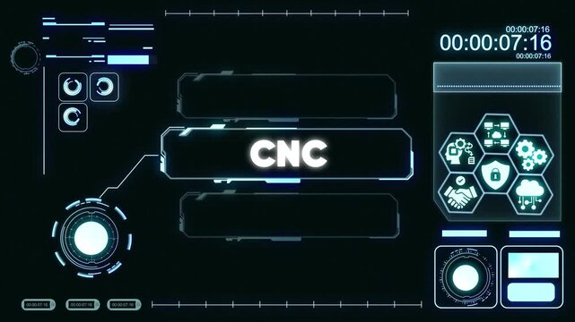 C N C Machine Interface Digital Control Panel with Futuristic H U D and Cybersecurity on Black Background for Industrial Automation and Technology Concepts