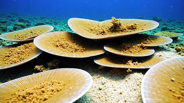 Extreme close-up of delicate seashells resting on the ocean floor as gentle current moves fine sand and tiny debris swirls around them in soft light