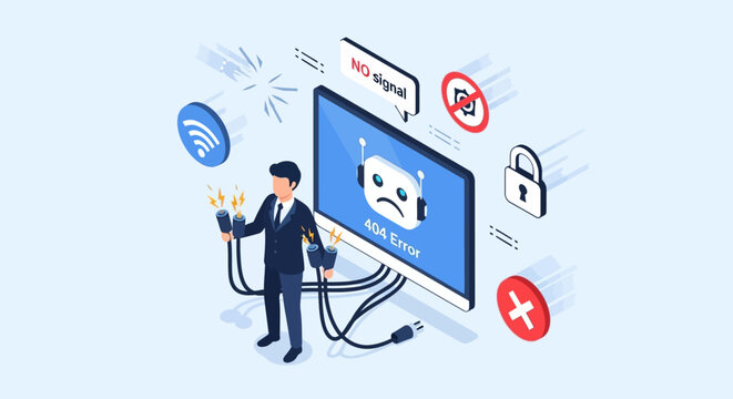 A man in a suit is surrounded by computer security symbols and a large monitor displaying a virus alert.