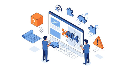 Two professionals collaborating on a large computer screen displaying a 404 error page surrounded by puzzle pieces and warning signs