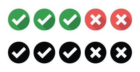 Collection of ten flat design check and cross icons in green and red with long shadows for status indicators © Moni