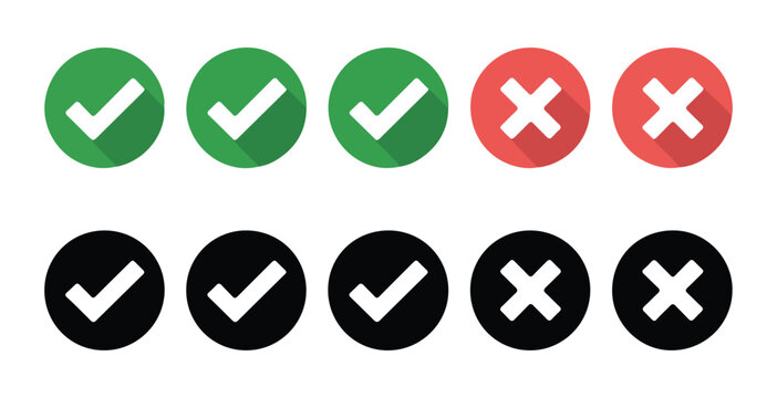 Collection of ten flat design check and cross icons in green and red with long shadows for status indicators