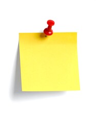 A yellow sticky note pinned to a surface with a red pin