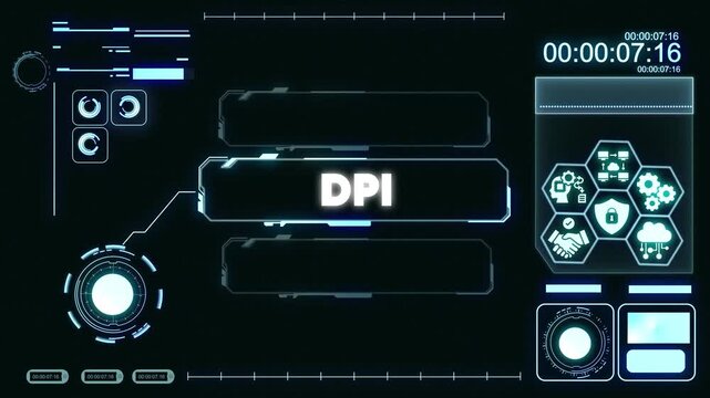 Futuristic D P I Digital Interface Display with Neon Blue on Black Background for Tech and Innovation Projects