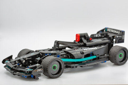 LEGO Technic Mercedes-AMG Formula One racing car construction kit closeup.