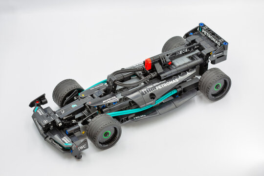 LEGO Technic Mercedes-AMG Formula One racing car construction kit closeup.