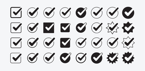 Minimalist black tick icons set for business checklist and task completion tracking isolated on grey background