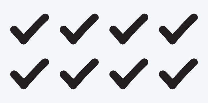 Simple black tick mark icons for survey answers and voting selection isolated on white background vector set
