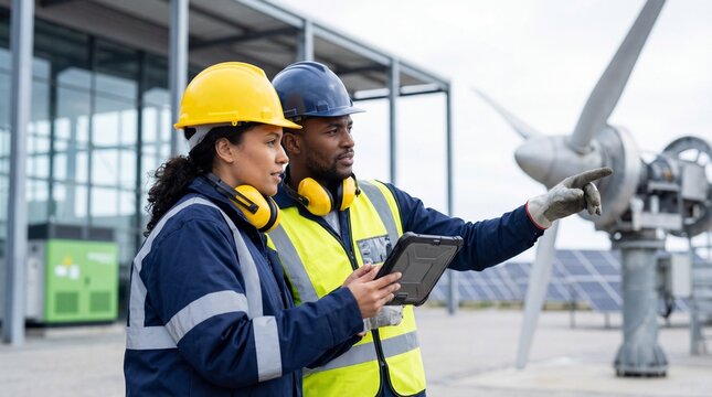 Two diverse renewable energy engineers wearing hard hats and safety gear collaborate while reviewing data on a rugged tablet near a wind turbine.