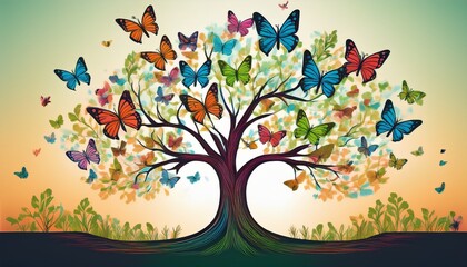 whimsical tree with colorful butterflies symbolizing growth