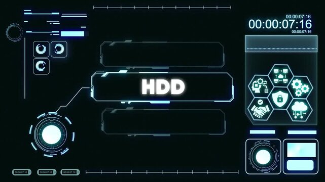 Futuristic H D Hard Disk Drive Interface with Neon Blue on Dark Background for Technology and Data Storage Concepts