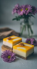 Two layered desserts adorned with yellow frosting and nuts sit near purple flowers.